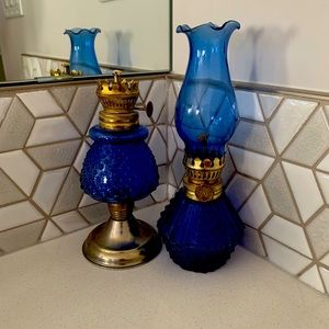2 cobalt blue vintage oil lamps.